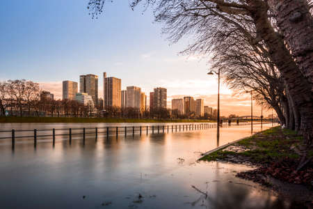Paris, France - February 4, 2021: View of Paris flood as river Seine rises and approaches record level.のeditorial素材