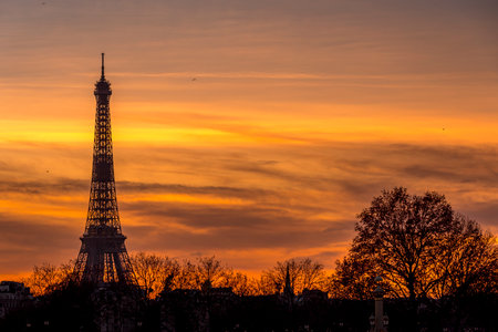Paris, France - May 15, 2020: View of Eiffel tower at sunset, in Parisのeditorial素材