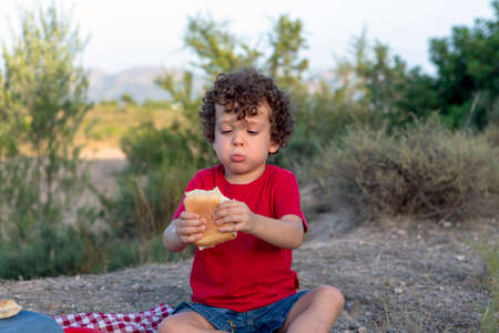 funny picnic situation of a boy eating a sandwich in the mountains with enthusiasm sitting on a red...