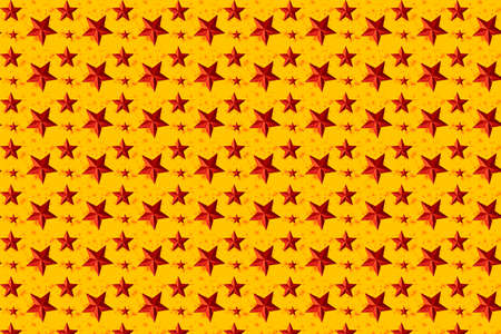 texture or repetitive Christmas pattern background with red stars of different sizes and gold backgroundの写真素材
