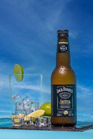 07-01-2022 La Nucia, Alicante, Spain. close-up very cold bottle of Jack Daniels lemonadeのeditorial素材
