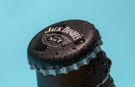 07-01-2022 La Nucia, Alicante, Spain. close-up very cold bottle of Jack Daniels lemonadeのeditorial素材