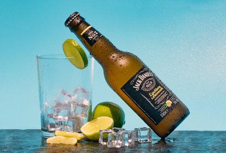 07-01-2022 La Nucia, Alicante, Spain. close-up very cold bottle of Jack Daniels lemonadeのeditorial素材