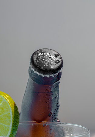 07-01-2022 La Nucia, Alicante, Spain. close-up very cold bottle of Jack Daniels lemonadeのeditorial素材