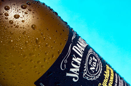 La Nucia, Alicante, Spain. 07-01-2022 close-up very cold bottle of Jack Daniels lemonade