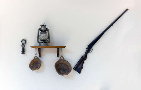 decoration on the wall with field and hunting objectsの写真素材