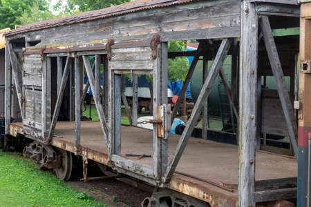 photography of old broken and abandoned wooden tyren wagonの写真素材