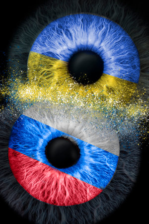 eyes taken in macro mode, with the colors of the flags of ukraine and russia. simulating collisionの写真素材
