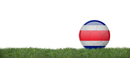 costa rica flag on soccer ball on grass, copy space with white background.の写真素材