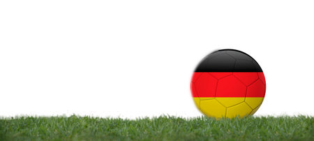 Soccer ball with germany flag on grass, copy space with white background.の写真素材