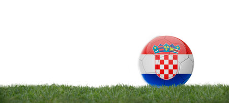 Soccer ball with croatia flag on grass, copy space with white background.の写真素材