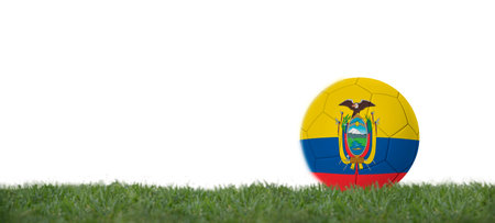 Soccer ball with ecuador flag on grass, copy space with white background.の写真素材