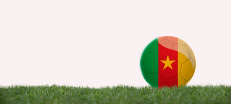 Soccer ball with cameroon flag on grass, copy space with white background.の写真素材