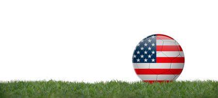united states flag on soccer ball on grass, copy space with white background.の写真素材