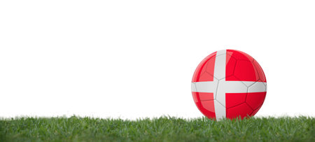 denmark flag on soccer ball on grass, copy space with white background.の写真素材