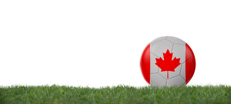 canada flag on soccer ball on grass, copy space with white background.の写真素材