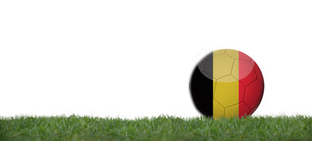 Soccer ball with belgium flag on grass, copy space with white background.の写真素材