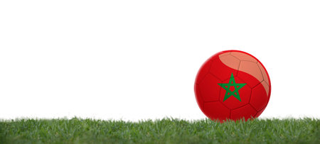 3D illustration Soccer ball with morocco flag on grass, copy space with white background.の写真素材