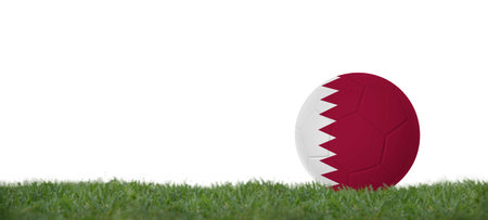 3D illustration Soccer ball with qatar flag on grass, copy space with white background.の写真素材