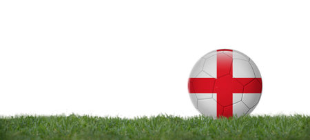 3D illustration Soccer ball with england flag on grass, copy space with white background.の写真素材