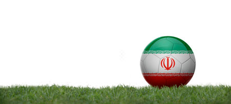 3D illustration Soccer ball with iran flag on grass, copy space with white background.の写真素材