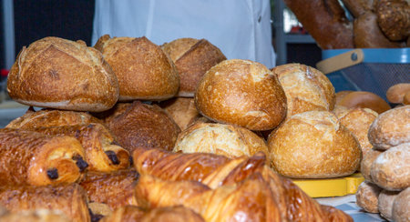 stacking of rolls and bakery productsの写真素材