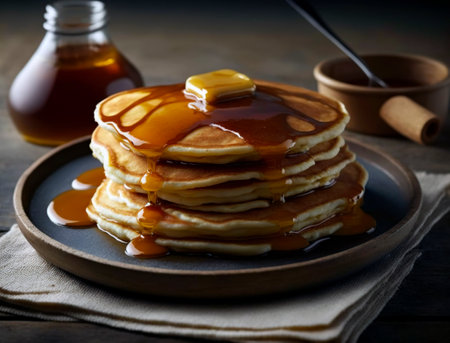 Delicious pancakes on a plate, topped with honey and melting butterの写真素材