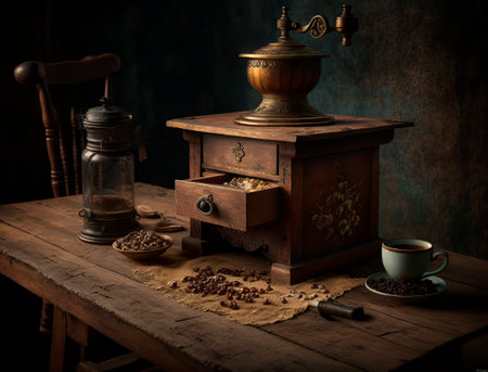 Antique coffee bean grinder featured on a wooden table with rustic charmの素材