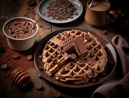 Chocolate-covered waffle on a plate, displayed on a rustic wooden tabletopの素材