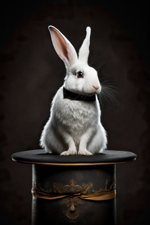 funny white rabbit sitting on a top hatの素材