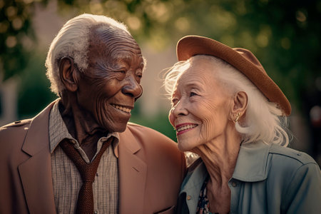 Interracial elderly couple happily strolling in the park. generated by AIの素材