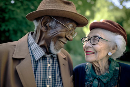 cute interracial elderly couple strolling in love in the park. generated by AIの素材