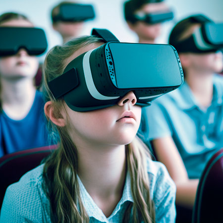 A group of children in class use virtual reality glasses to interact and learn in the metaverse. generated by AIの素材