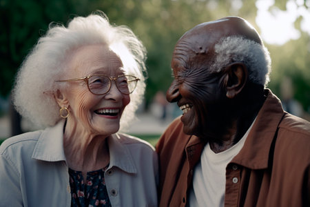 cute interracial elderly couple strolling in love in the park. generated by AIの素材