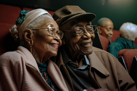 African-American couple in their eighties, at the movies, happy and having fun. generated by AIの素材