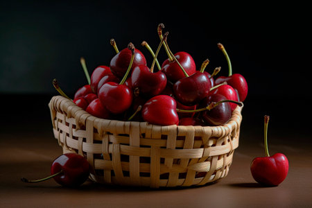 photo still life of basket with cherriesの写真素材