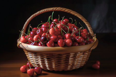 photo still life of basket with cherriesの写真素材