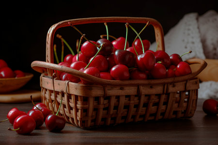 nice photo still life of basket with cherriesの写真素材