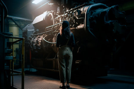 female mechanic in front of train machinery, concept equality generated by AIの素材