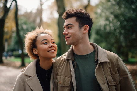 young interracial couple in the park .AI generatedの素材