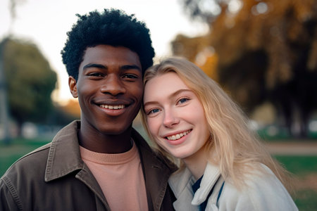 young interracial couple in the park .AI generatedの素材