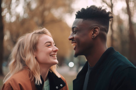 young interracial couple in the park .AI generatedの素材