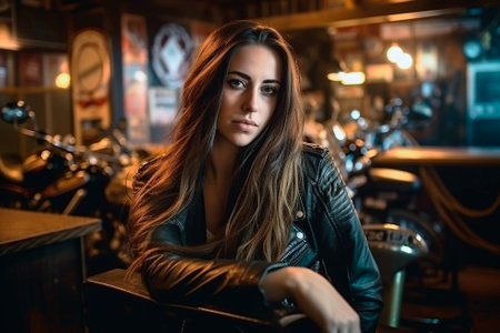 beautiful brunette woman sitting at a bar counter. generated by AIの素材