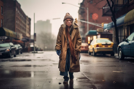 old homeless woman on a rainy day. generated by AIの素材