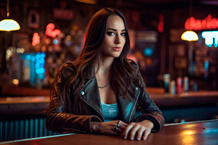brunette woman sitting at a bar. generated by AIの素材