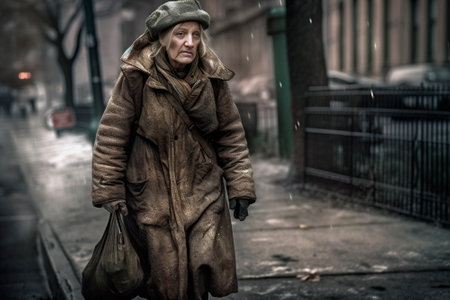 old homeless woman on a rainy day. generated by AIの素材