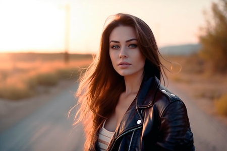 brunette biker girl at sunset. generated by AIの素材