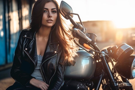 brunette biker girl at sunset. generated by AIの素材