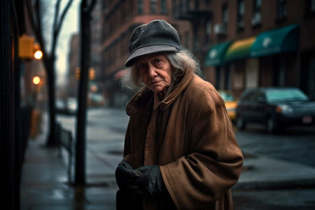 old homeless woman on a rainy day. generated by AIの素材