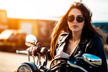 beautiful brunette biker girl at sunset. generated by AIの素材